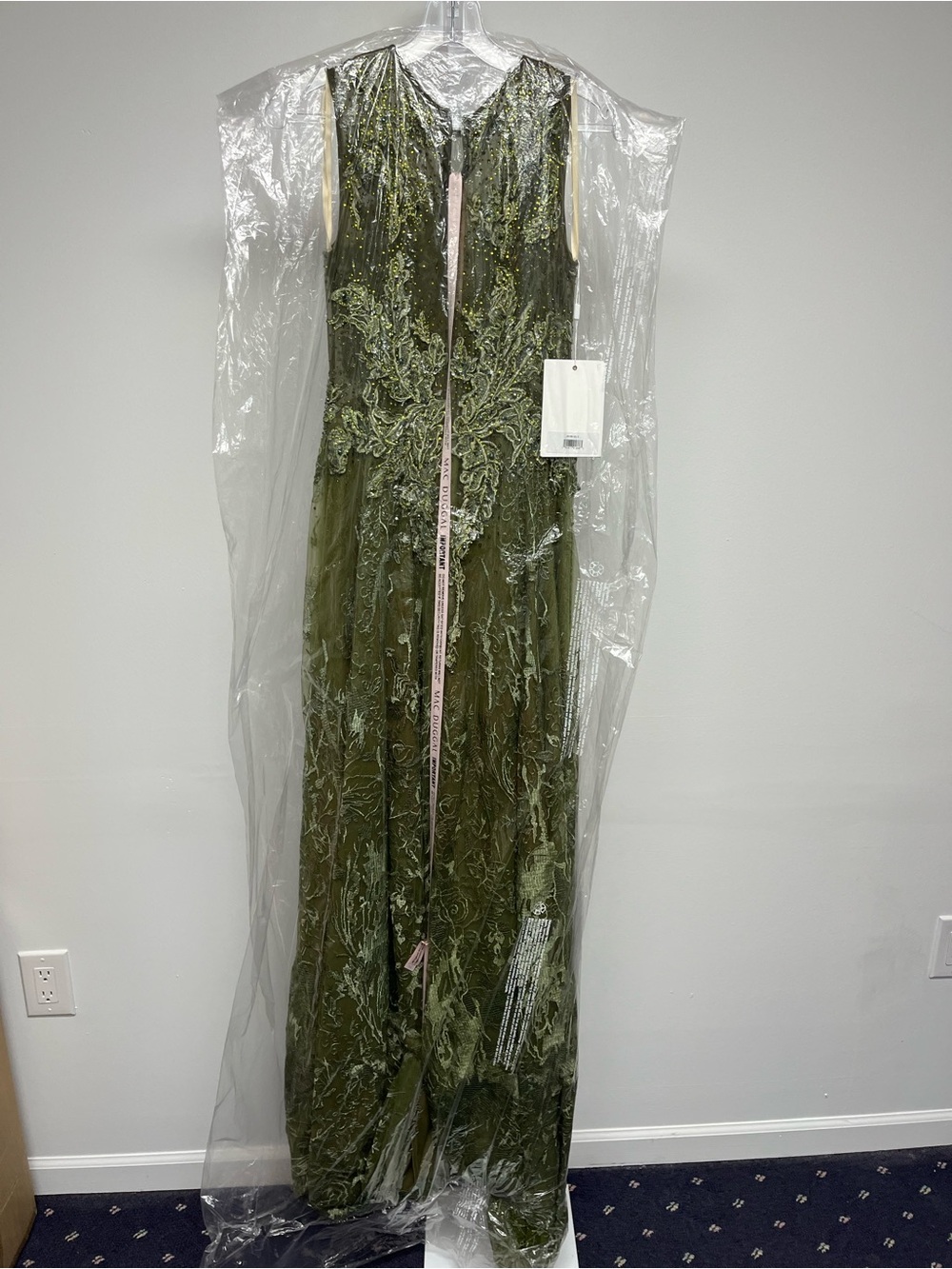 Mac Duggal 20166 Floral Lace A-Line Evening Gown NWT Olive Green - Picture 3 of 6